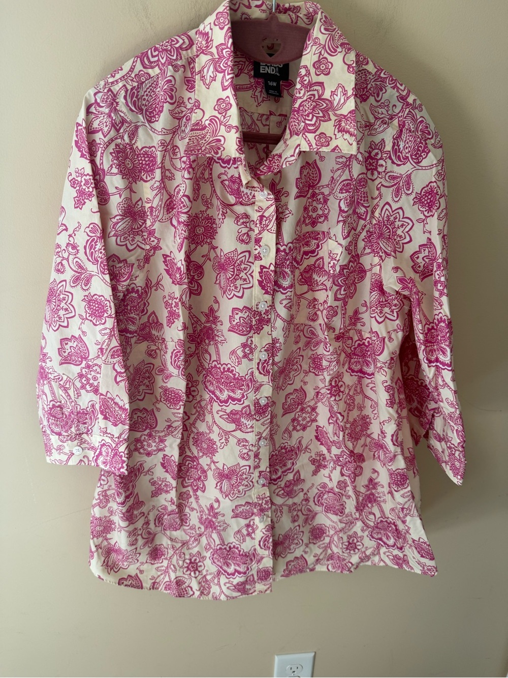 Lands’ End Paisley Floral Button Down Blouse Mid Sleeve Top 16W